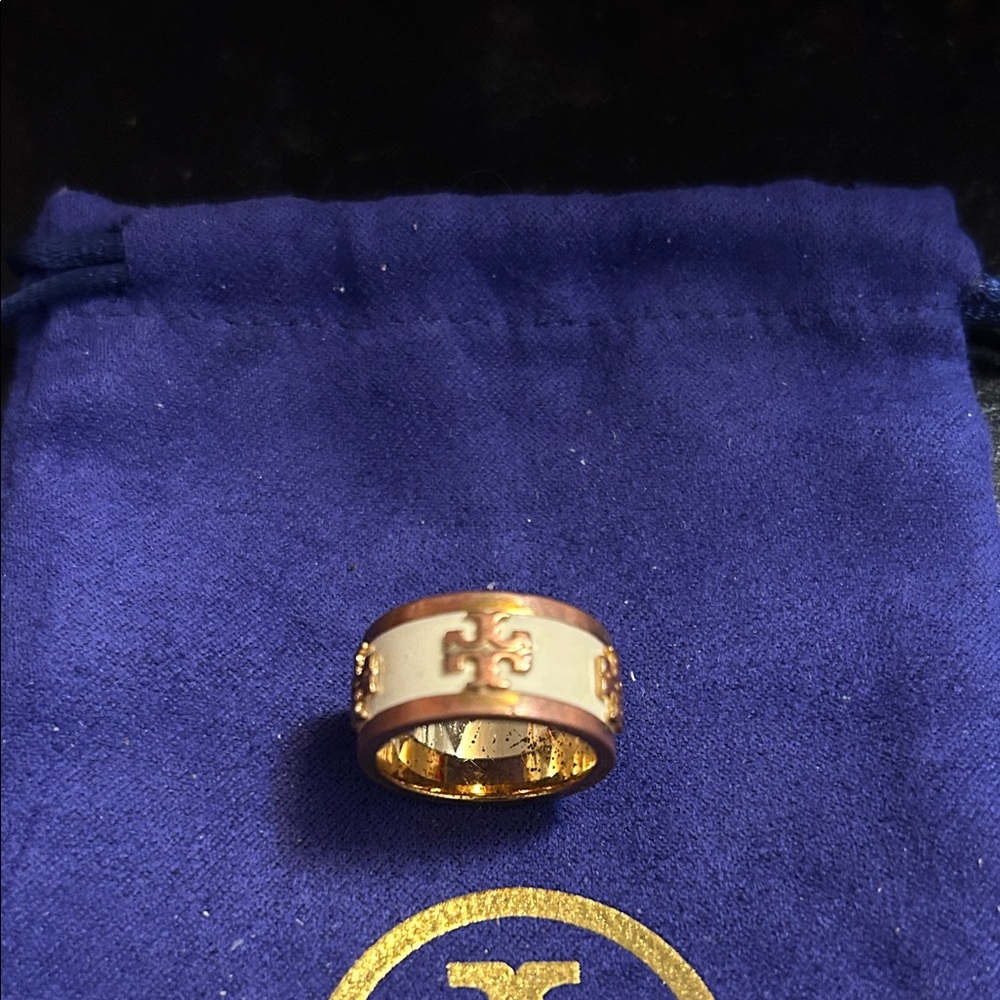 Tory Burch Gold and White Logo Enamel Ring, Size 6